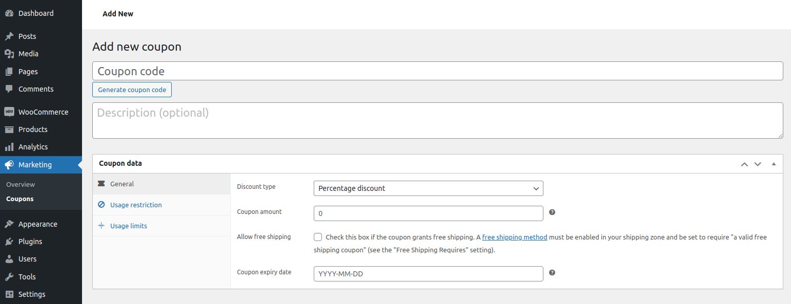 You will see a new coupon creation form and will be prompted to enter a new WooCommerce coupon code and add its description.