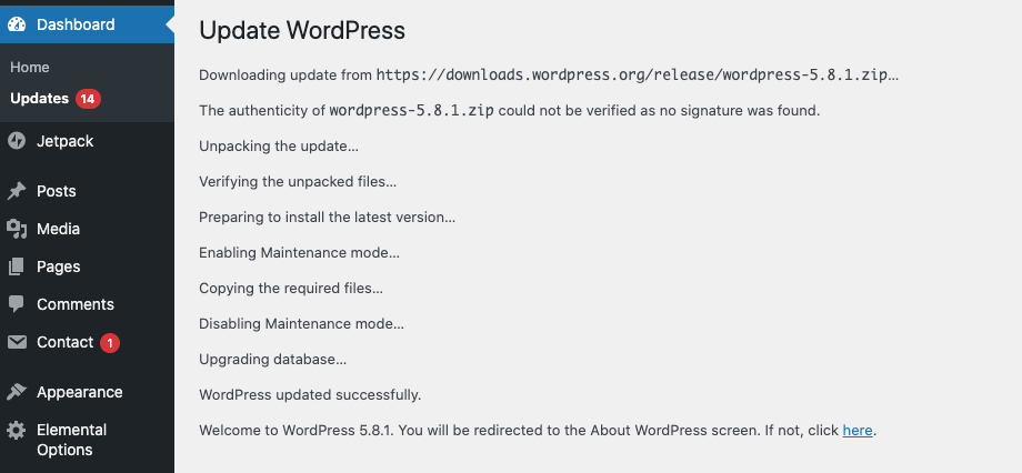WordPress system update