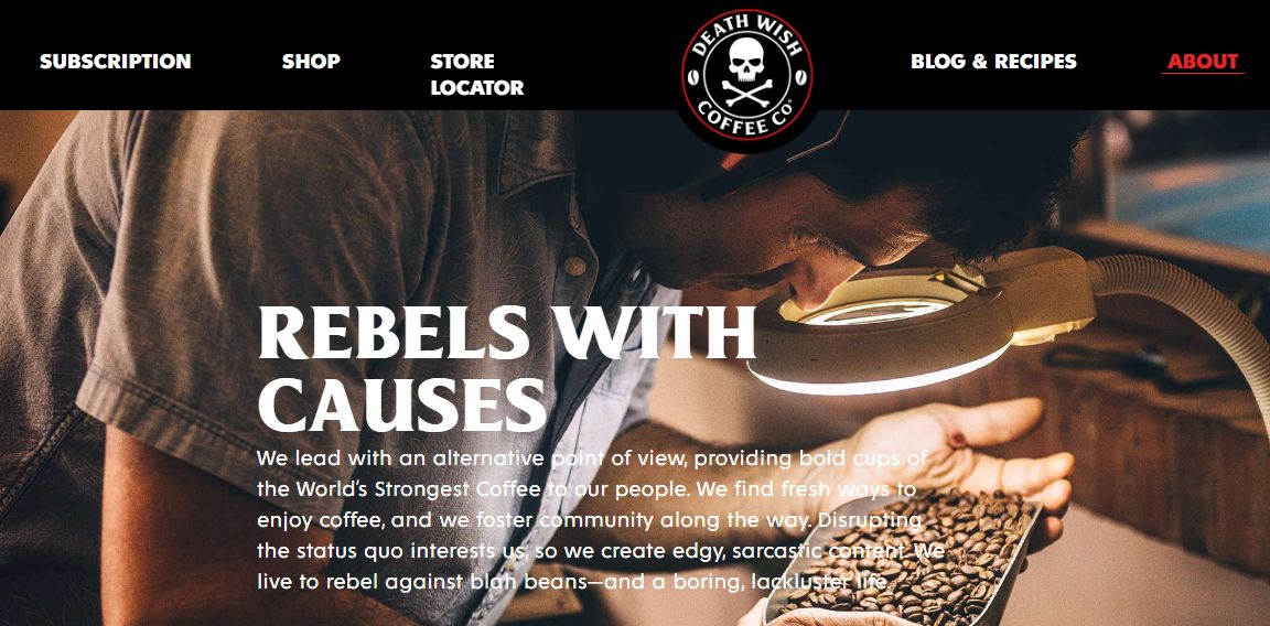 Death Wish Coffee communicates its unique selling proposition on its About Us page.