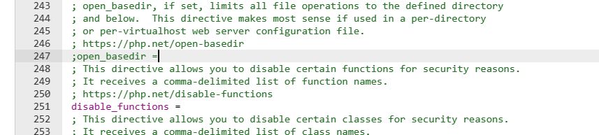 Disabling open_basedir by adding ; before it.