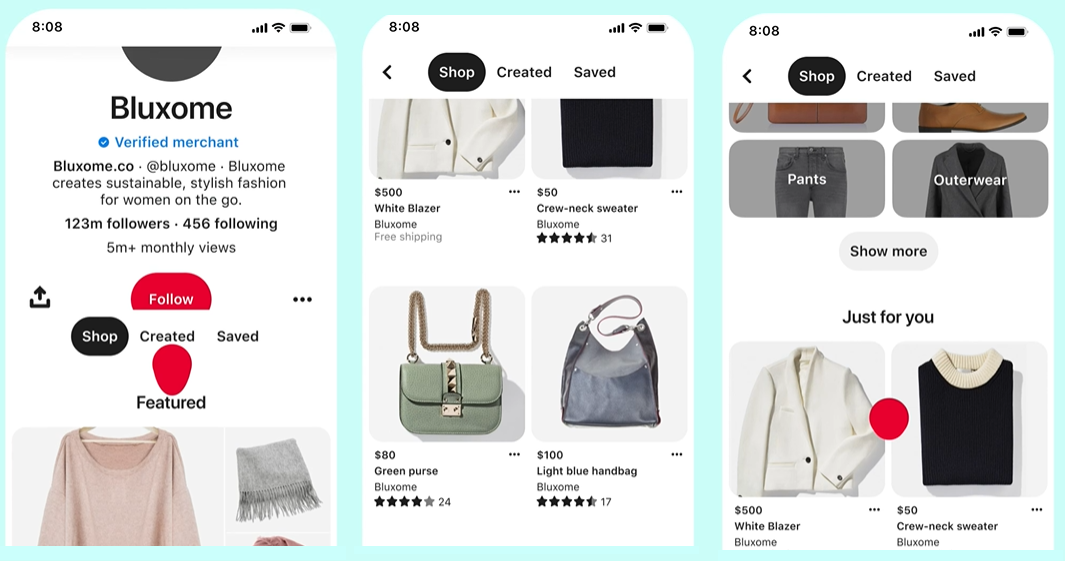 Images of Pinterest stores displayed on phone screens.
