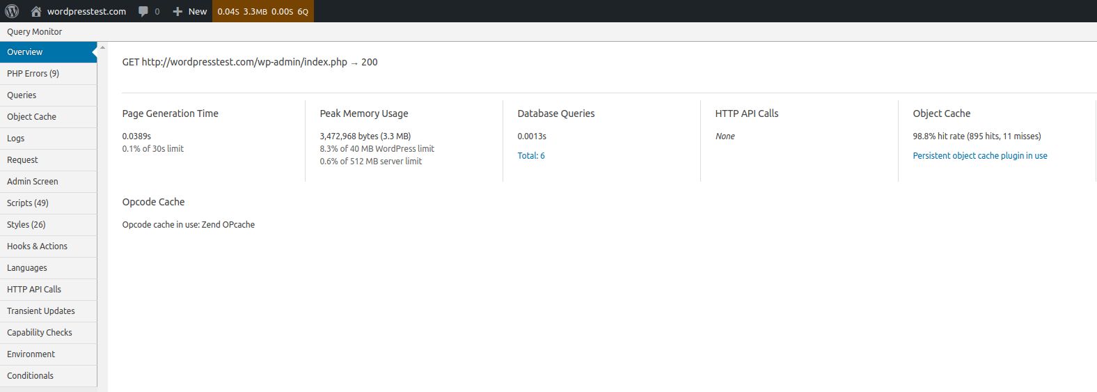 The first tab you will see is Overview. The Overview page shows a more detailed summary of the web page performance, for example, you can see if the peak memory usage value reached the memory limits configured.