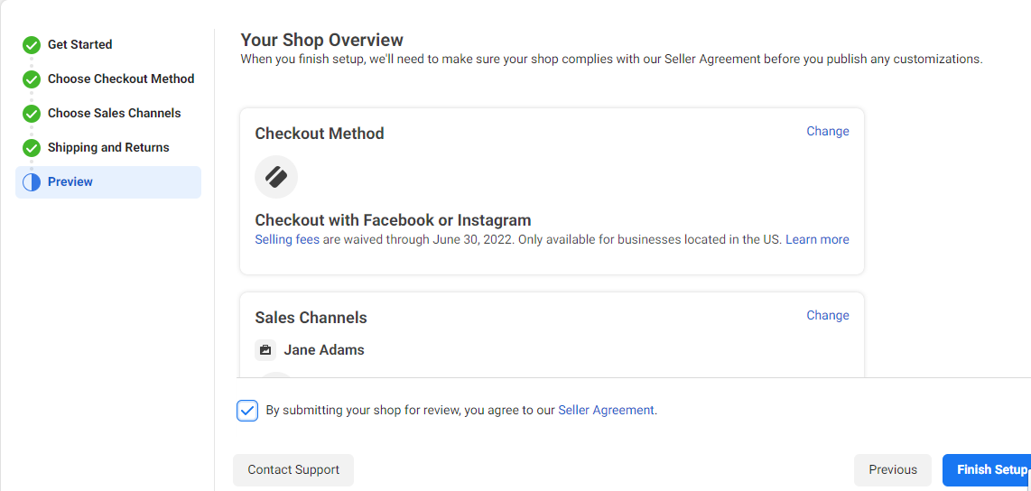 The final setup screen for creating a Facebook or Instagram store.