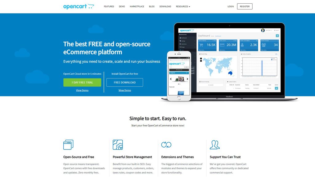 Screenshot of multi-store ecommerce platform OpenCart's homepage.