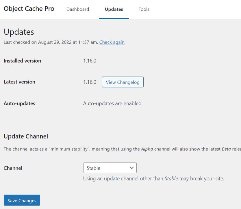 Setting > Object Cache > Updates