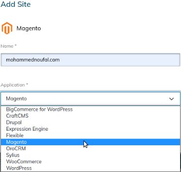 The Add Site window appears. Enter the domain name in the Name field. From the Application field's dropdown menu, select the application or platform for which want to install for the secondary domain.