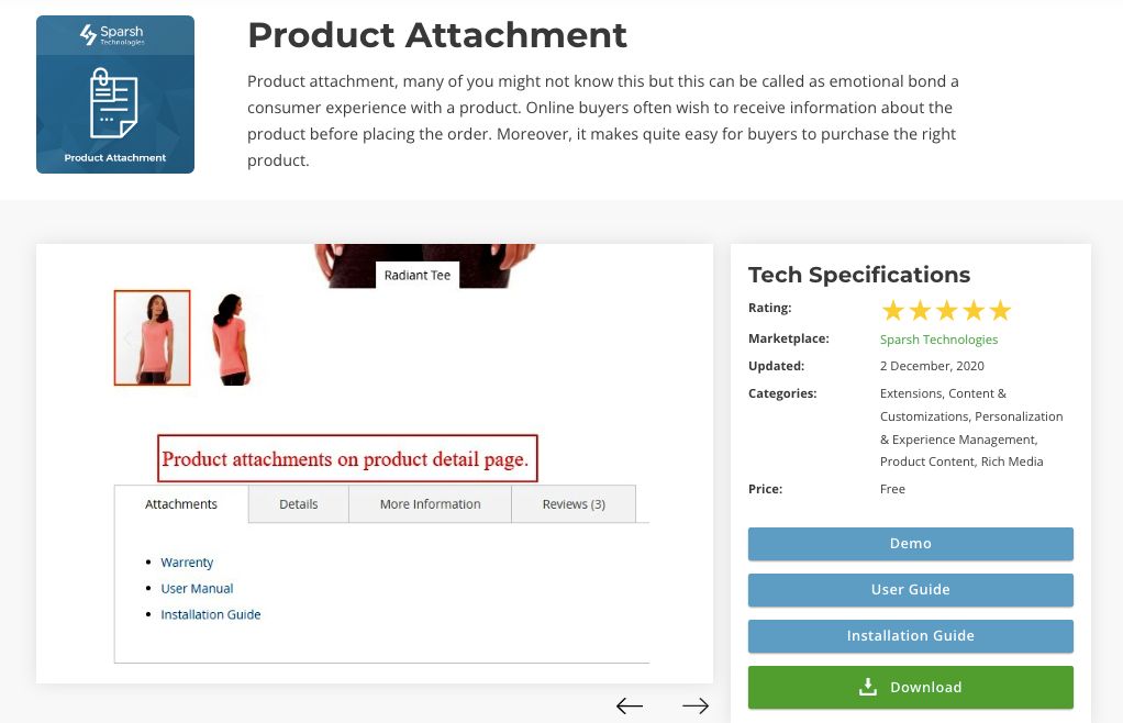 Sparsh Technologies’s Product Attachment is the best for free Magento product attachments.