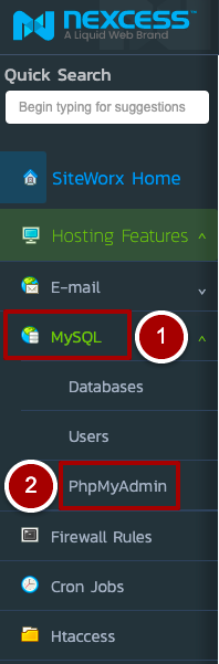 To repair MySQL tables with phpMyAdmin, select MySQL > PhpMyAdmin