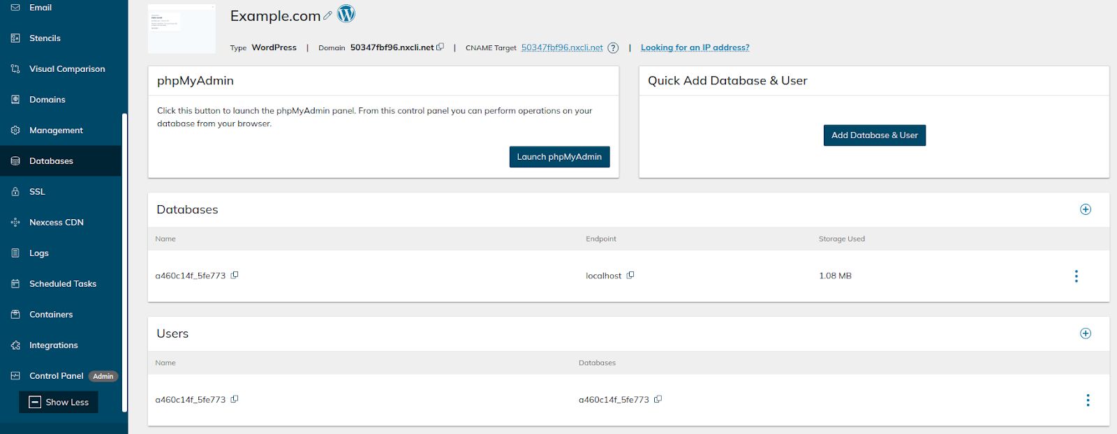 Open the Nexcess web hosting database management interface by choosing Databases from the main menu in the Site Dashboard for WordPress or WooCommerce. The Databases interface will show all existing MariaDB users and databases that you have created for your website.