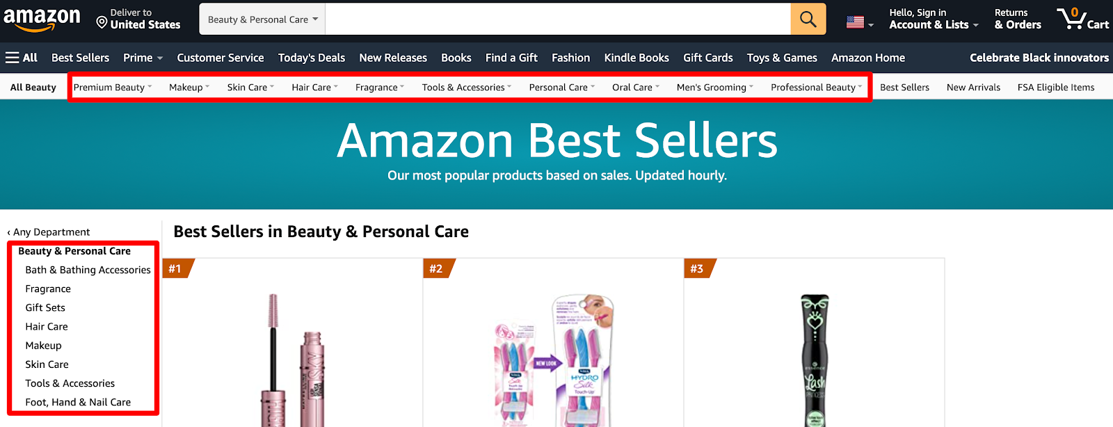The Amazon Best Sellers page, with highlights on the top bar and left side navigation.
