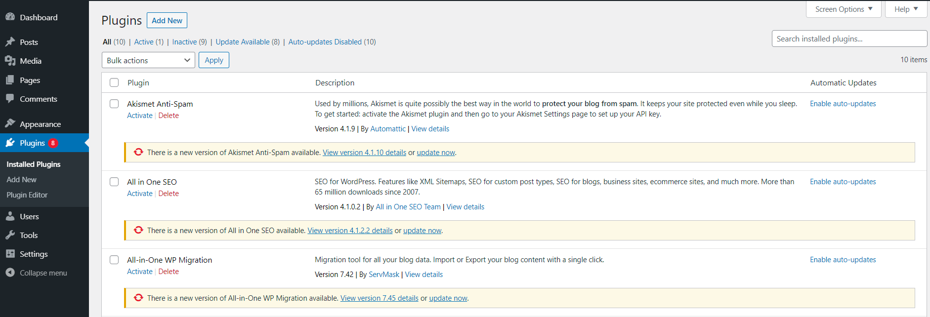Plugins in the WordPress admin dashboard