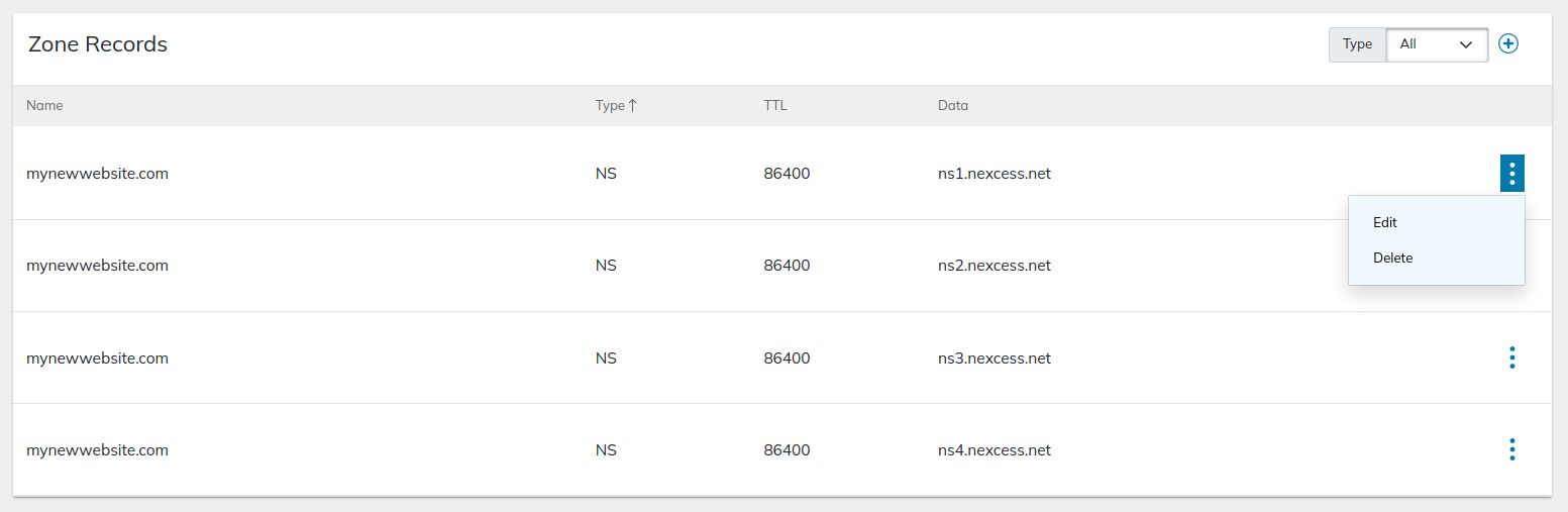 To change an existing DNS record or remove it, click the three dots icon to the right of the record in the user interface and choose the appropriate action.