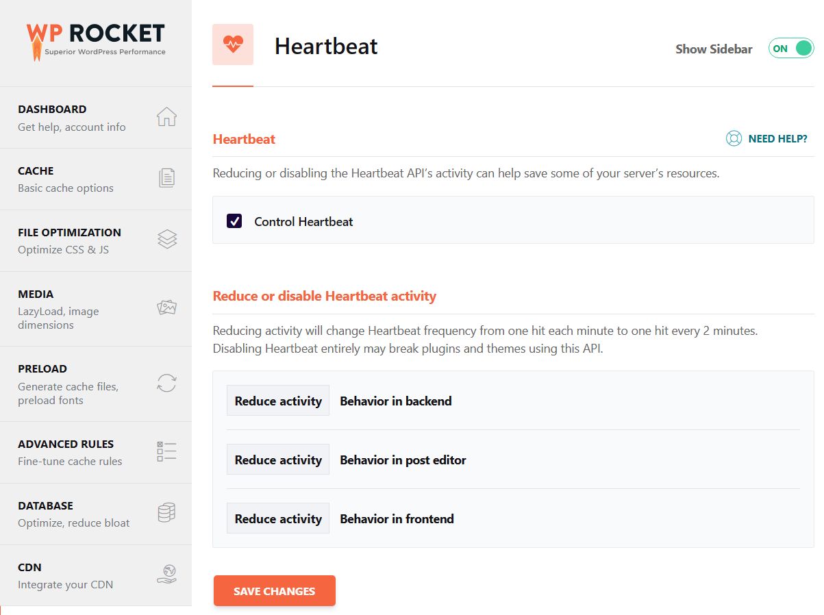 WP Rocket lets you modify WordPress Heartbeat API in WP admin. 
