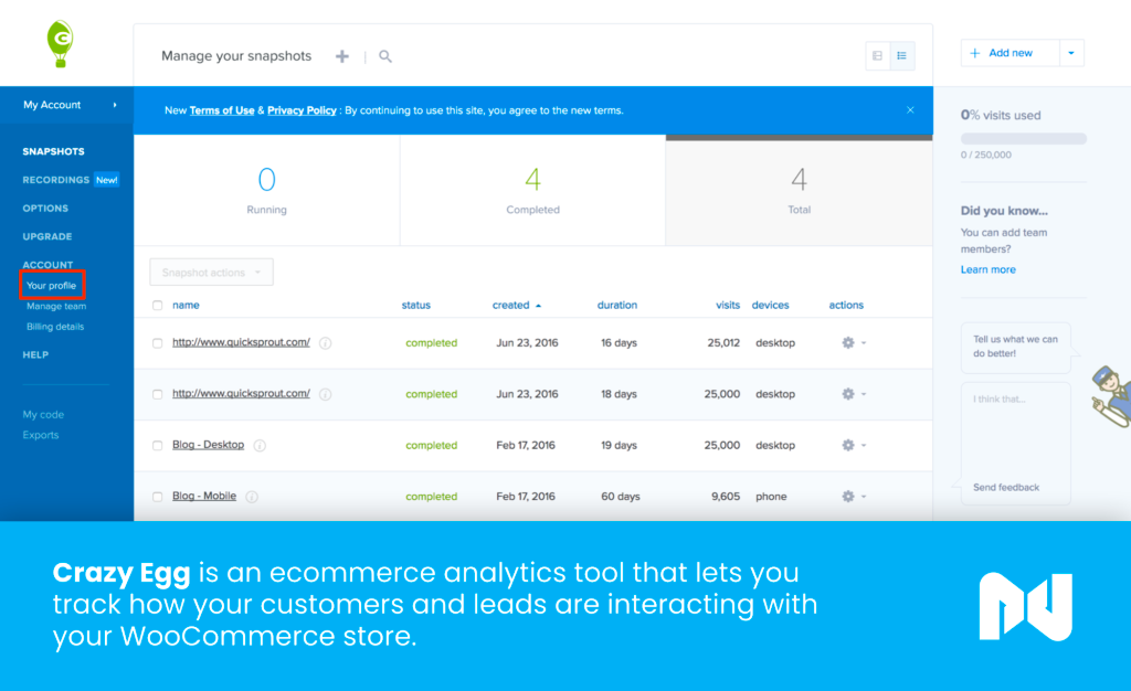 CrazyEgg is another ecommerce analytics tool that tracks customers