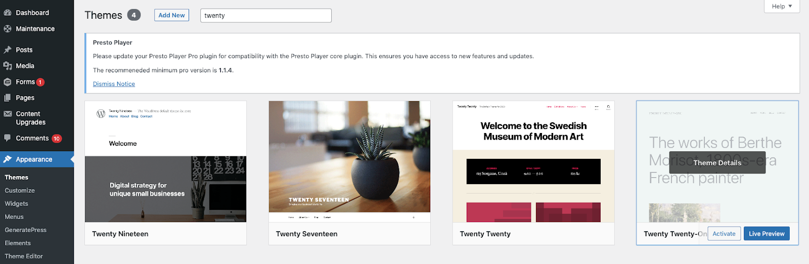 The WordPress theme tab.