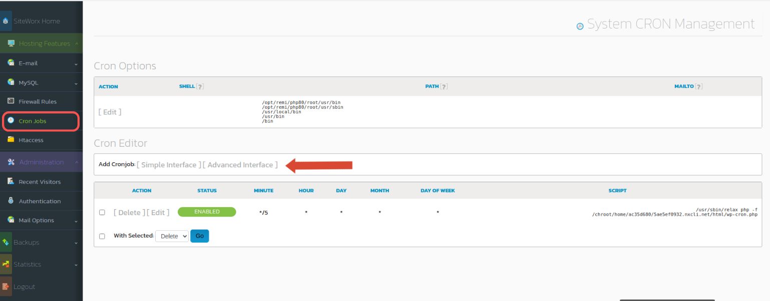 The Cron Options section allows you to modify the general cron settings, including the email address to be notified of the output of each cron job, the shell used, and the path variable. Most of the time, you don't need to change anything except the email address.