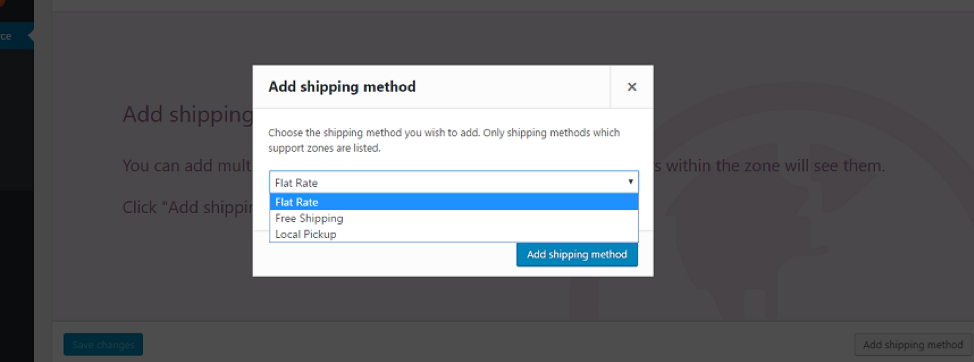 The selection screen for adding shipping methods. "Flat rate" is highlighted.