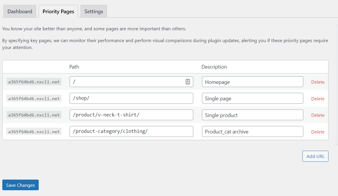 It is recommended that you limit the number of URLs entered on the Priority Pages tab (Nexcess > Dashboard > Priority Pages) to five or fewer.