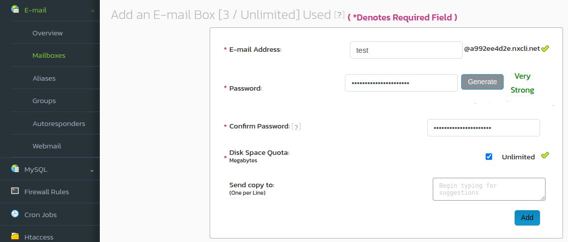 To create email accounts for the secondary domain, navigate to Hosting Features > Email > Mailboxes in the Nexcess Client Portal. On the Add an Email Box screen, enter the required details and click the Add button.