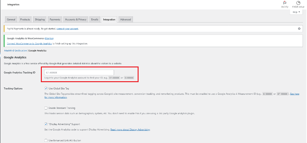Google Analytics tracking ID box in WooCommerce.