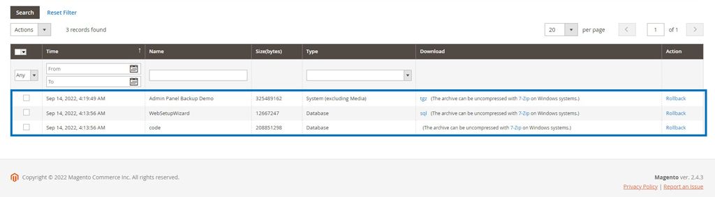 Magento 2 backup grid in the admin panel.