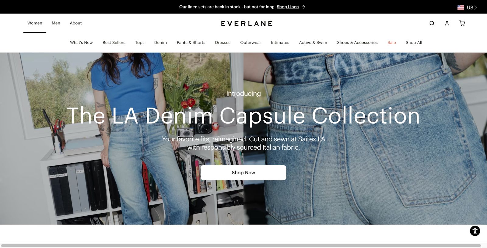 Homepage of Everlane fashion ecommerce website.