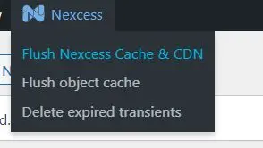 The first would be under the Nexcess logo in the admin bar. To use this method, simply click the Flush Object Cache option.