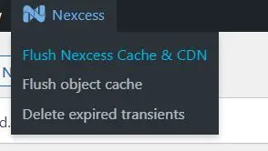 Click the Nexcess logo, followed by the Flush Nexcess Cache & CDN option in the dropdown menu.