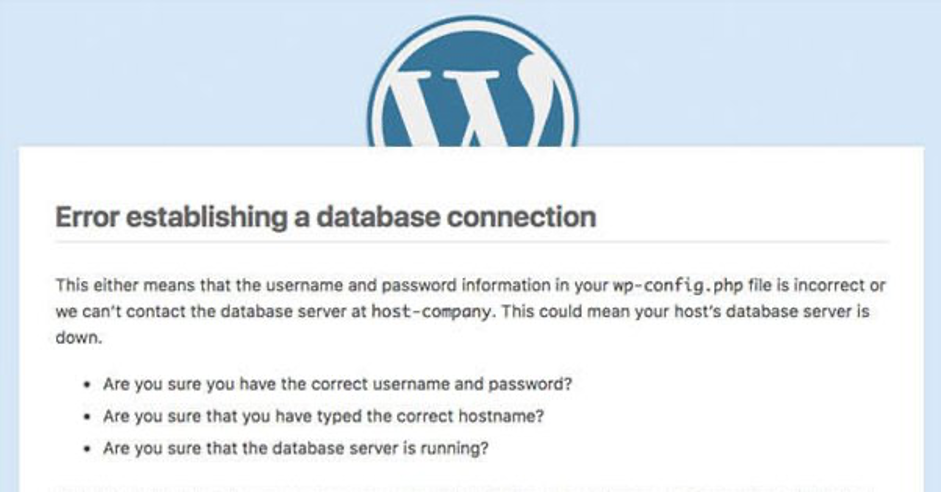 Screenshot of Error Establishing a Database Connection Page.
