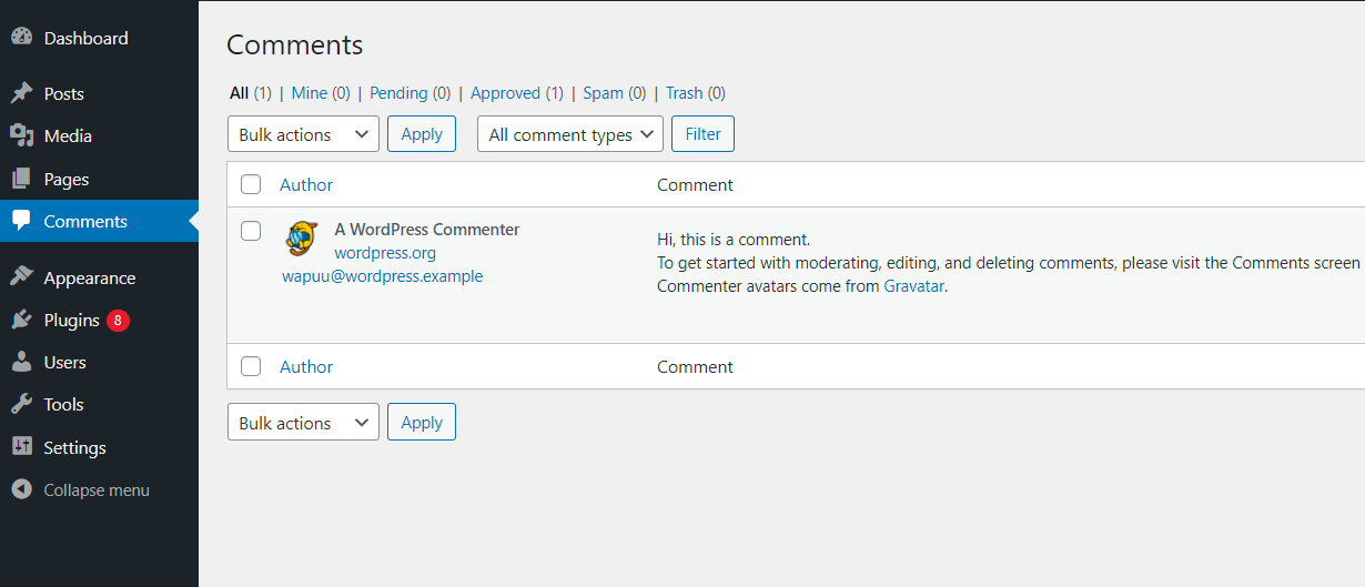 Comments in the WordPress admin dashboard