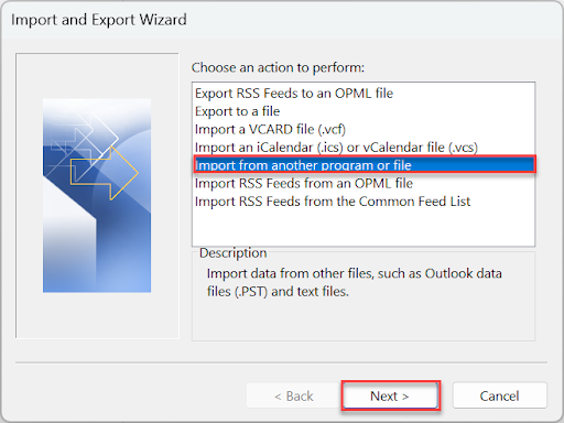 Select Import from another program or file, and then click Next.