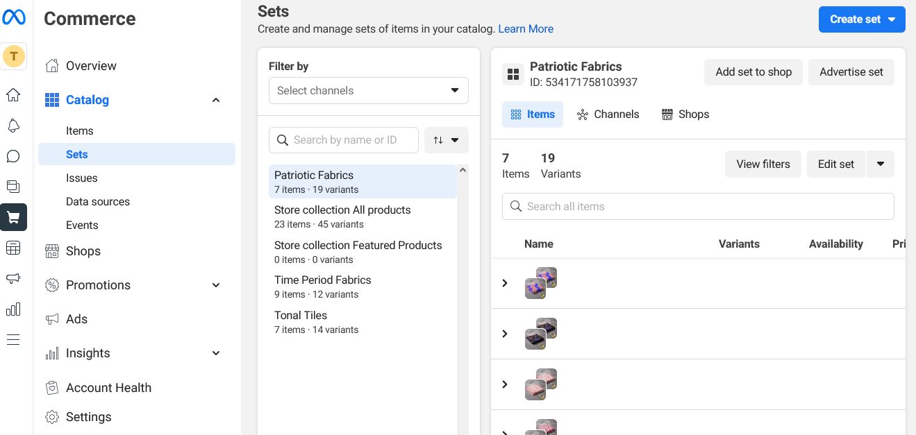 Facebook shop product collections management screen.