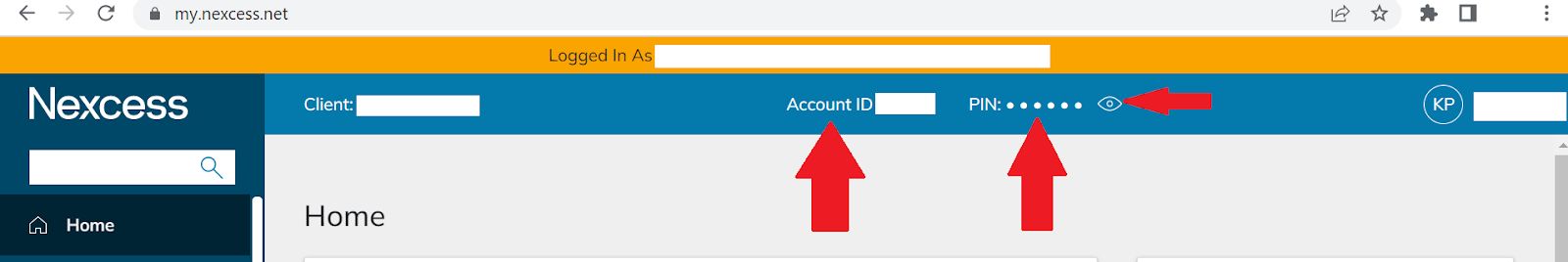After logging into your Nexcess account, you will be on the Home tab of your Nexcess Client Portal with regard to the list of navigation menu options on the left side of the screen. From there, you will be able to see the required account ID number and the account PIN number, which has six digits. In fact, these credentials remain in view along the top of the screen throughout your session as you move to various areas of the portal.