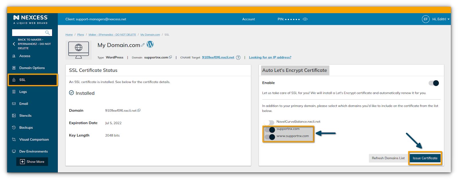 Click Issue Certificate to issue a new Let's Encrypt certificate.