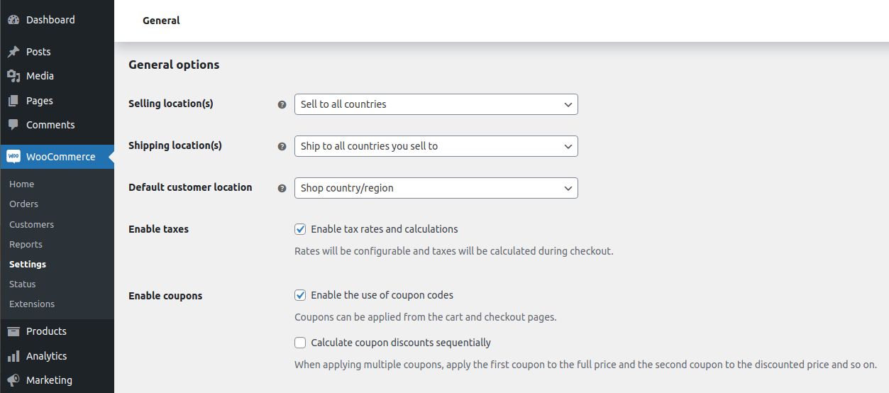Although using coupons in your shop is most likely already enabled, sometimes you may need to do it manually. You can enable coupons from the WooCommerce Settings General menu, you will find it under the General options. Check the option as shown in the screenshot below and click Save Changes.
