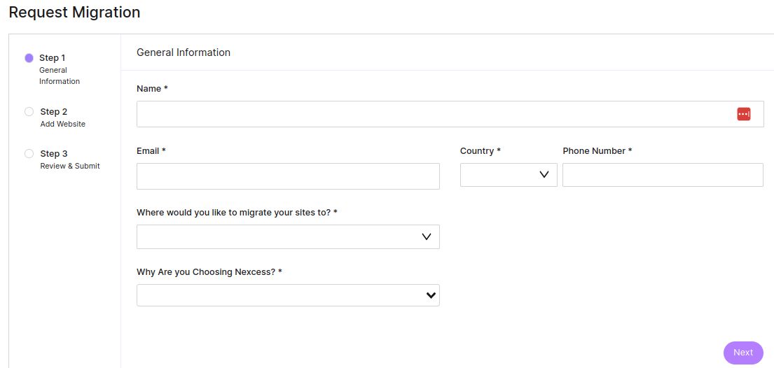 We need basic customer information for this step, such as Name, Email Address, Country, Phone Number, Destination Nexcess Plan, and the Nexcess Features that best fit your needs.