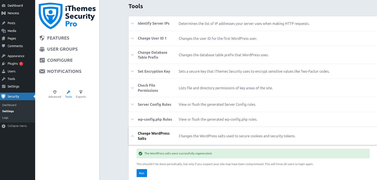 Navigate to the Solid Security Pro Dashboard and choose Settings from the plugin's menu. Open the Tools interface and locate the Change WordPress Salts option. Click on it and use the Run button for the security plugin to regenerate your WordPress salts and security keys for you. Please note that it will effectively end all user sessions and log you out of the WordPress Dashboard.