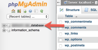 To repair MySQL tables, select the correct database in phpMyAdmin