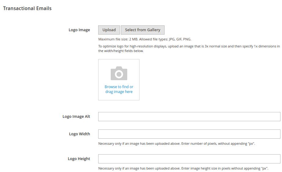 Click on the Transactional Emails section tab and upload your logo into the Logo Image field. Then, you can fill out the other fields per your requirements.