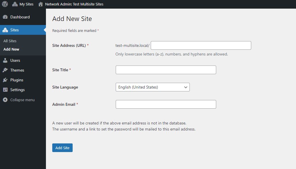 Adding a new site to a WordPress multisite network.