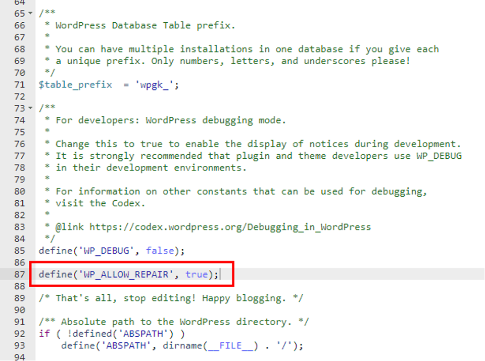 Image of wp-config.php File with the Allow Repair Query.