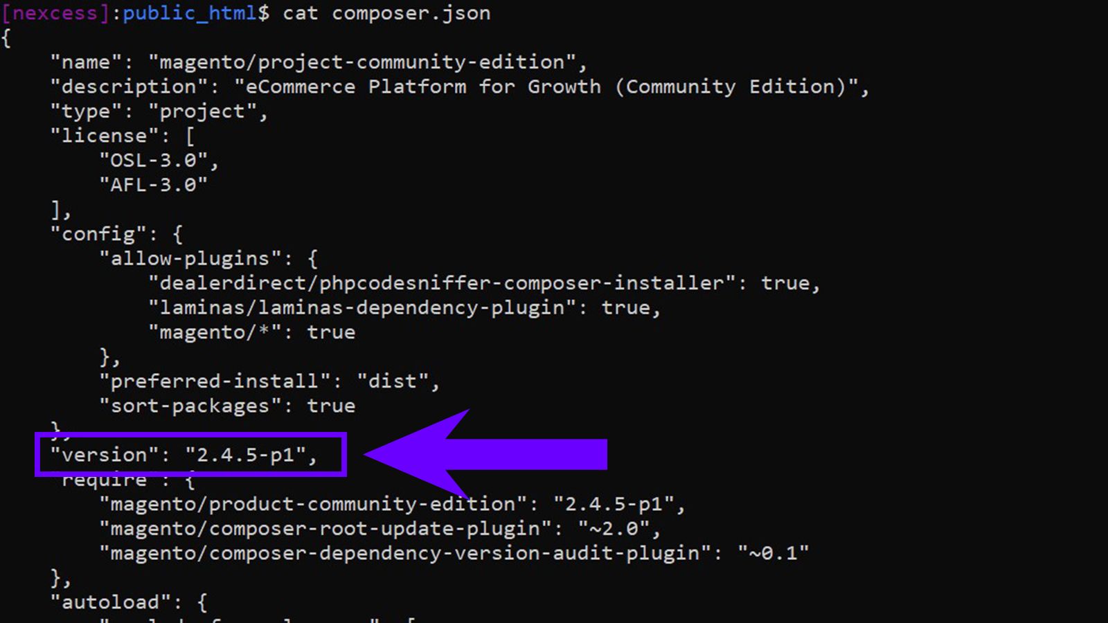 Screenshot of the CLI highlighting the Magento version in the composer.json file.