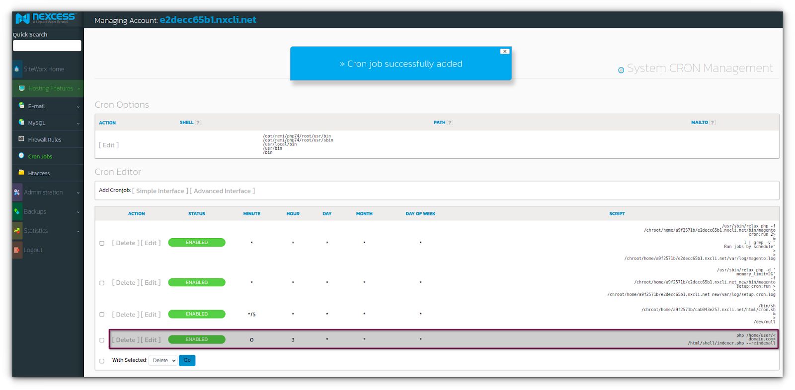 After clicking Add, the page redirects to the System Cron Management page, where your new cron job should appear.