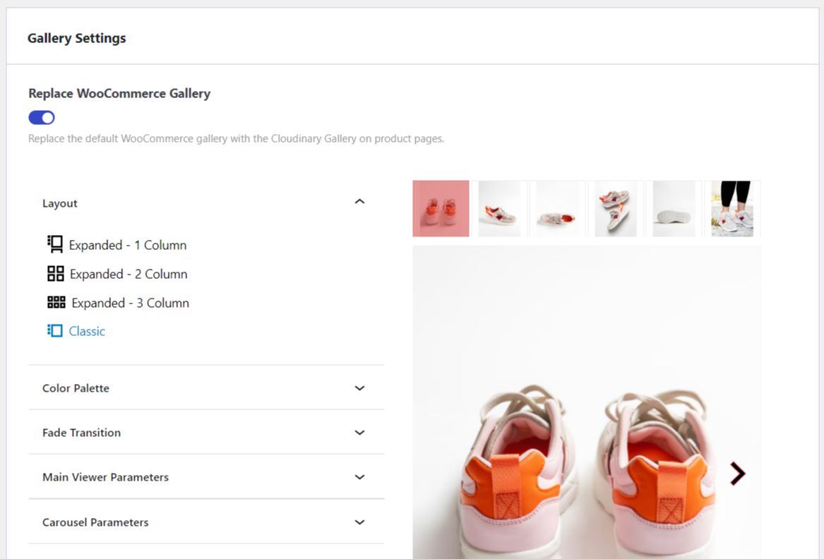 It is also possible to replace the default WooCommerce gallery with the Cloudinary product gallery on product pages if your site is using WooCommerce.