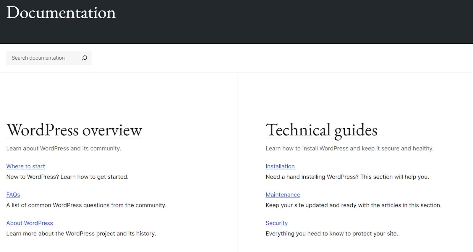 WordPress documentation offers help to both developers and marketers. 