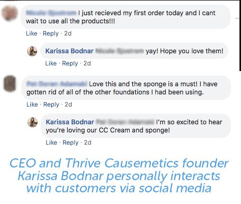 Thrive Causemetics CEO and founder Karissa Bodnar interacts with customers on social media.
