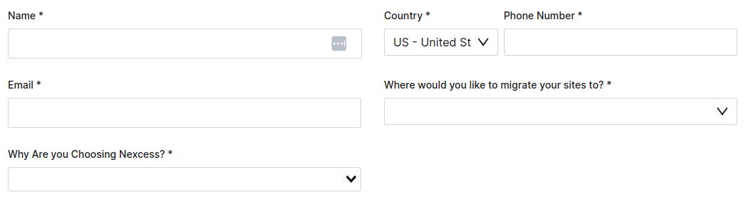 Enter your Email Address, Name, Phone Number, Country, Destination Nexcess Plan, and the Nexcess Features that best fit your needs.