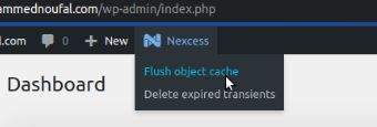 Click the Nexcess logo in the admin bar along the top of the screen, then click the Flush Object Cache option as shown.