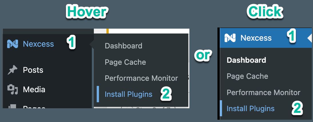 To see the full list of available plugins in the Nexcess Installer broken down by function, sign into the Admin Panel of your website, then hover or click on Nexcess and then click on Install Plugins: