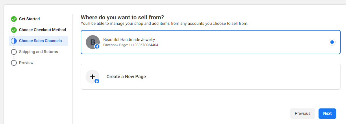 The sales channel selection screen for creating a Facebook or Instagram store.